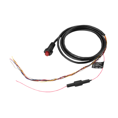 Garmin power cable (8-pin) for EchoMAP and GPSMAP, black coil with red 8-pin connector and multi-color wires.