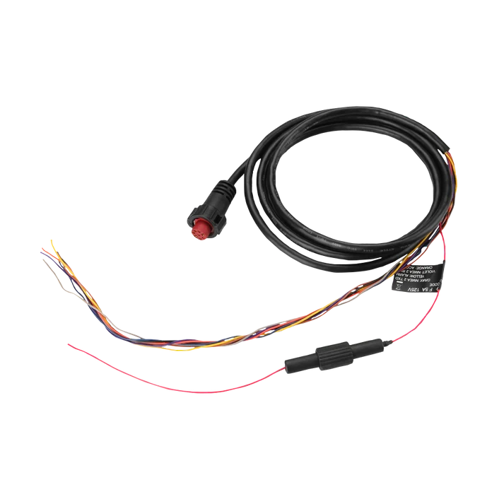 Garmin 8-pin power cable for EchoMAP/GPSMAP, black cord with red 8-pin connector and multicolor wires.