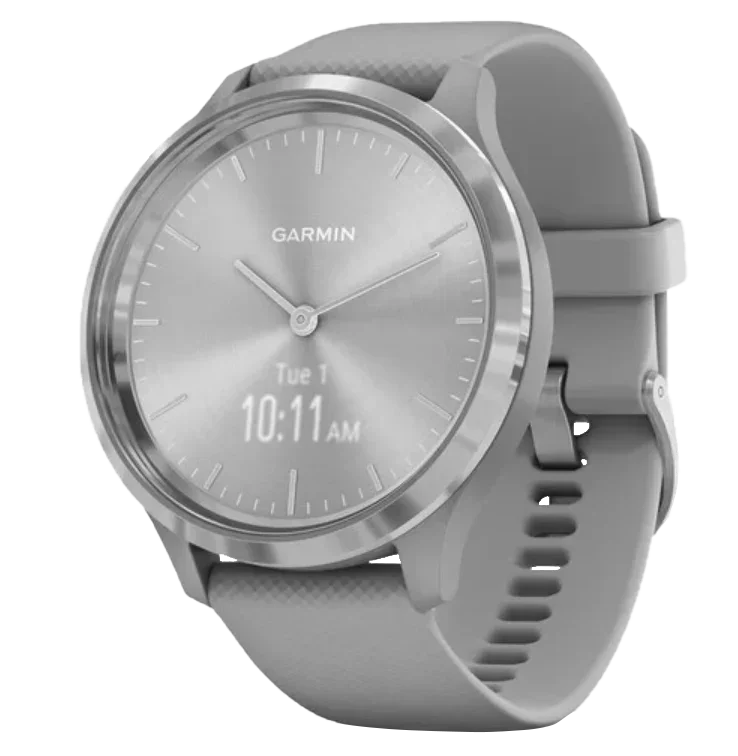 Garmin Vívomove 3 watch with silver stainless steel bezel and powder gray silicone band