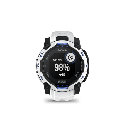 Garmin Instinct 3 smartwatch, 45mm solar, Whitestone band with bolt-blue accents