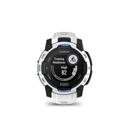 Garmin Instinct 3 smartwatch, 45mm, Whitestone with Bolt Blue band, solar AMOLED GPS