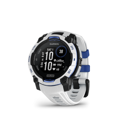 Garmin Instinct 3 smartwatch with Whitestone case and bolt blue band, white strap, AMOLED GPS display.