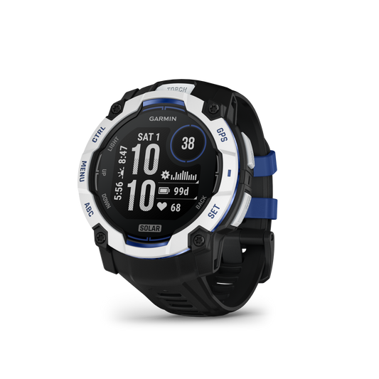 Garmin Instinct 3 Solar, (50mm) Whitestone with Black/Bolt Blue Band (010-02935-03)
