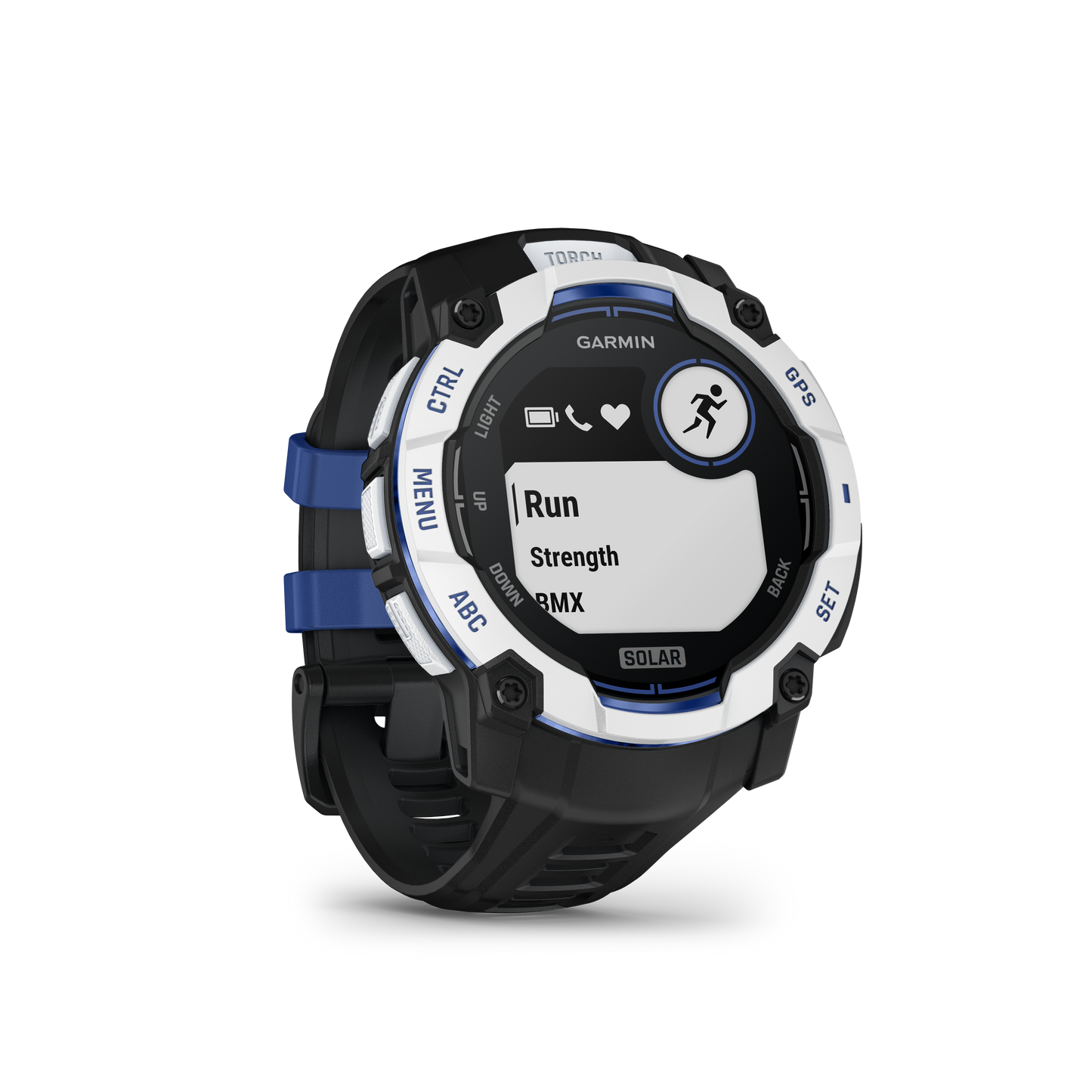 Garmin Instinct 3 Solar, (50mm) Whitestone with Black/Bolt Blue Band (010-02935-03)