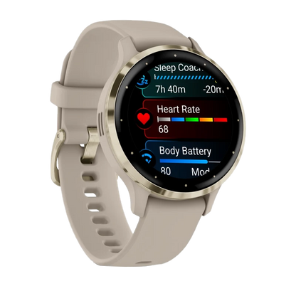 Garmin Venu 3S, 41 mm Soft Gold Stainless Steel Bezel with French Gray Case and Silicone Band (010-02785-02)