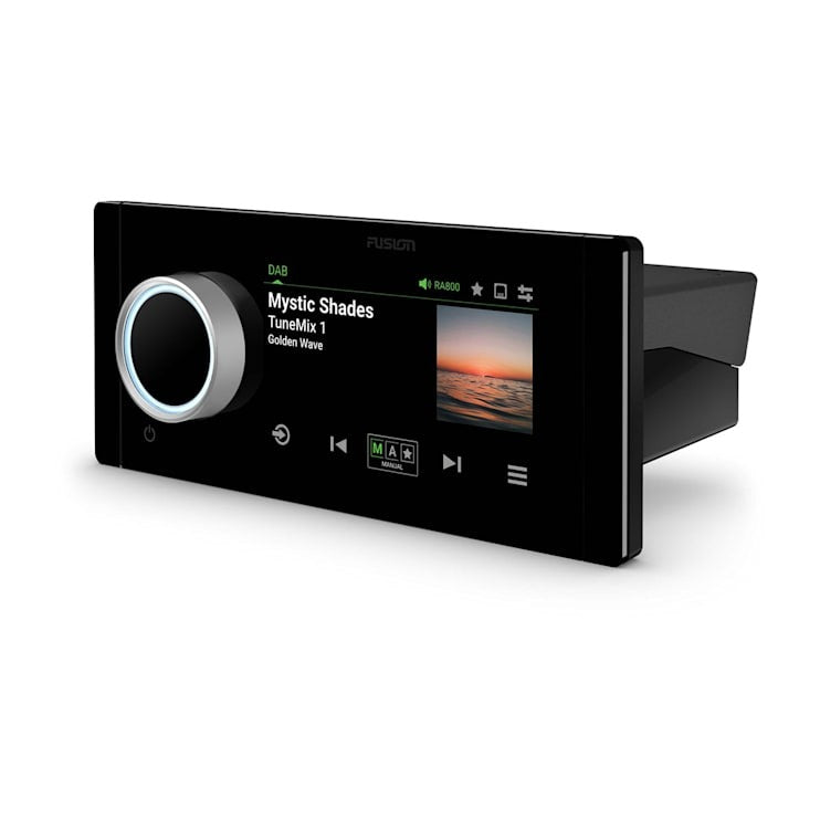 Garmin Fusion Apollo MS-RA800 marine head unit with touchscreen display and round volume knob