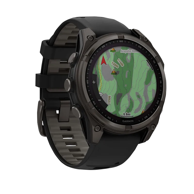 Garmin Fenix 8, 51 mm Solar Sapphire, Carbon Gray DLC Titanium with Black/Pebble Gray Silicone Band (010-02907-10)