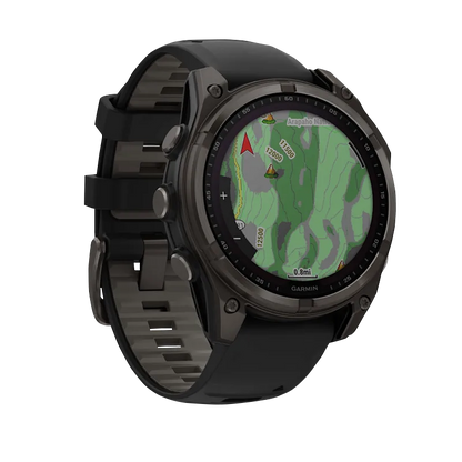 Garmin Fenix 8, 51 mm Solar Sapphire, Carbon Gray DLC Titanium with Black/Pebble Gray Silicone Band (010-02907-10)