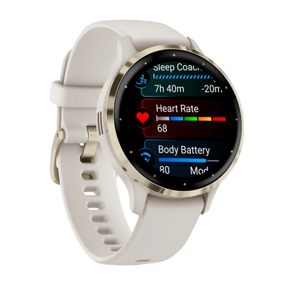 Garmin Venu 3S, 41 mm Soft Gold Stainless Steel Bezel with Ivory Case and Silicone Band (010-02785-04)