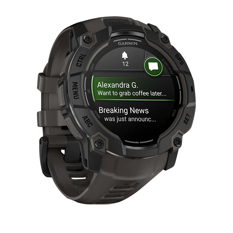 Garmin Instinct 3 AMOLED, (50mm) Black with Charcoal Band (010-03020-00) showcasing notifications and sleek design.
