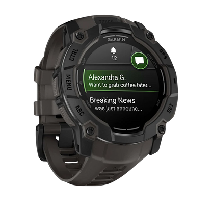 Garmin Instinct 3 AMOLED, (50mm) Black with Charcoal Band (010-03020-00) showcasing notifications and sleek design.