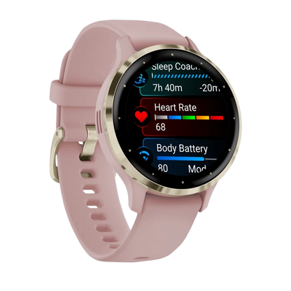 Garmin Venu 3S, 41 mm Soft Gold Stainless Steel Bezel with Dust Rose Case and Silicone Band (010-02785-03)