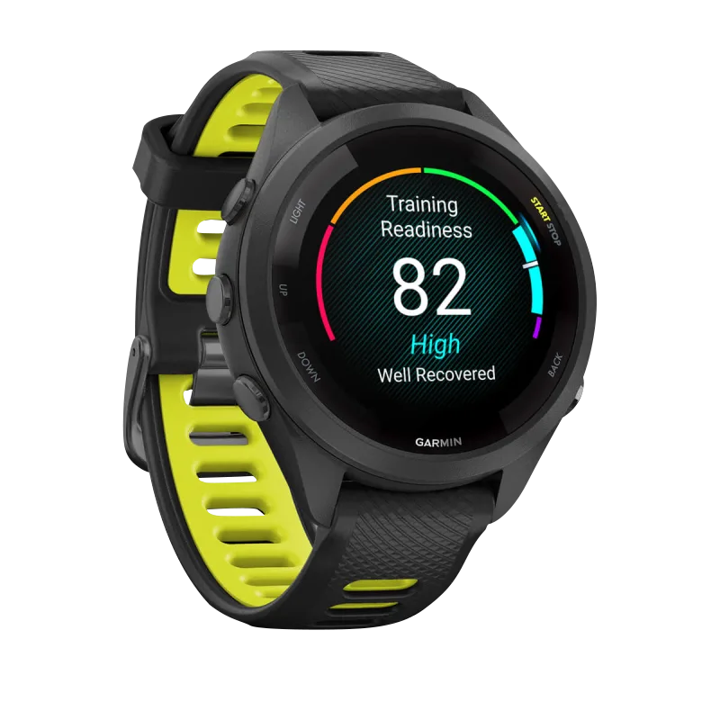 Garmin Forerunner 265S, 42 mm Black Bezel and Case with Black/Amp Yellow Silicone Band (010-02810-03)