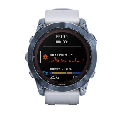 Garmin Fenix 7X, Sapphire Solar, Mineral Blue Titanium w/ Whitestone Band (Garmin Certified Refurbished)