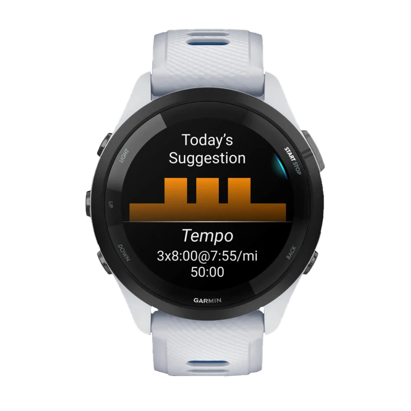 Garmin Forerunner 265, 46 mm Black Bezel with Whitestone Case and Whitestone/Tidal Blue Silicone Band (010-02810-01)