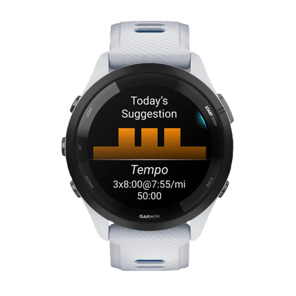 Garmin Forerunner 265, 46 mm Black Bezel with Whitestone Case and Whitestone/Tidal Blue Silicone Band (010-02810-01)