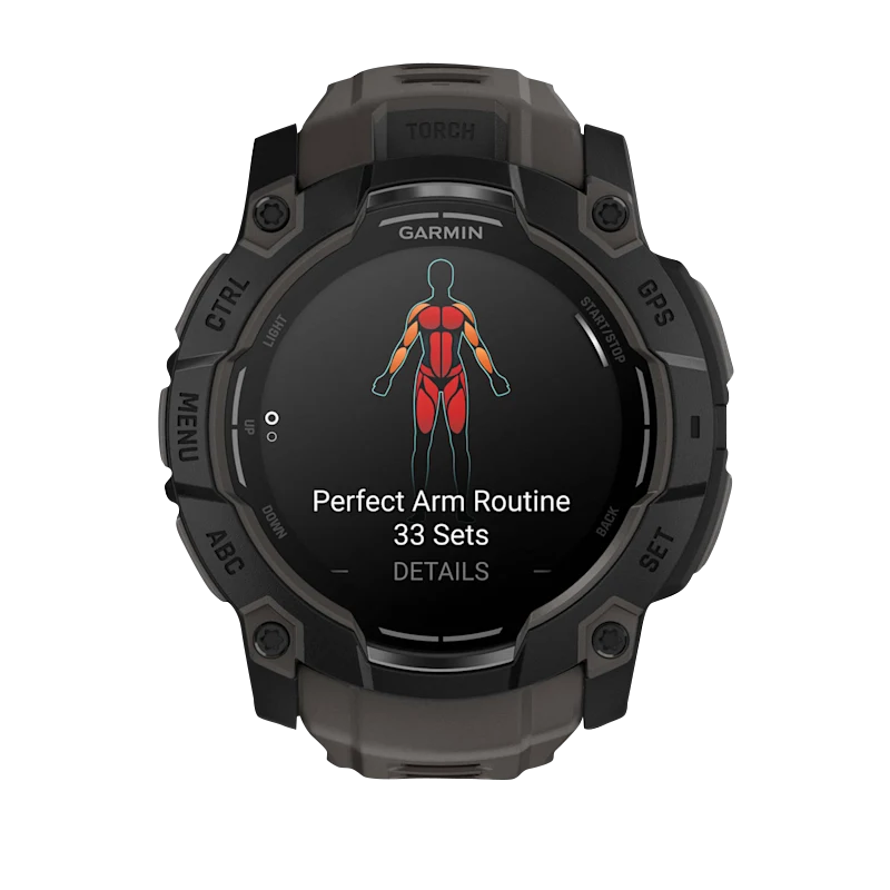Garmin Instinct 3 AMOLED, (50mm) Black with Charcoal Band (010-03020-00) showcasing workout details on the display.