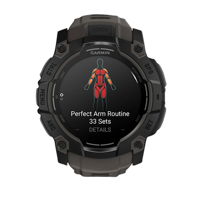 Garmin Instinct 3 AMOLED, (50mm) Black with Charcoal Band (010-03020-00) showcasing workout details on the display.