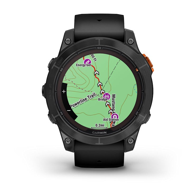 Garmin fēnix 7 Pro Solar Edition smartwatch, slate gray case with black band, map view.