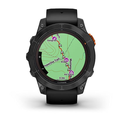 Garmin fēnix 7 Pro Solar Edition smartwatch, slate gray case with black band, map view.