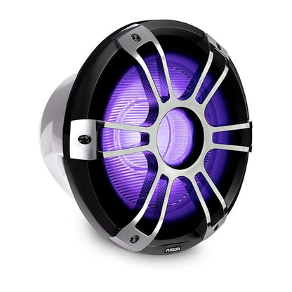 Garmin Fusion Signature Series 3 Marine Subwoofer, round speaker with purple-lit cone and silver radial grille