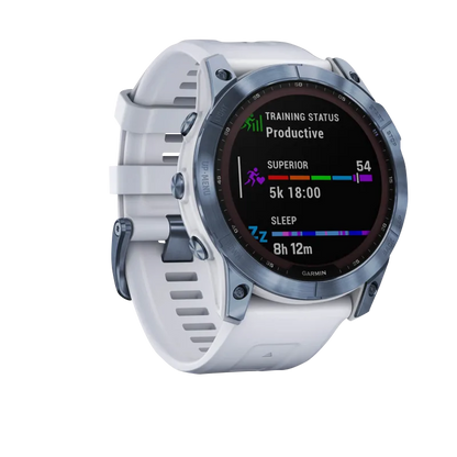 Garmin Fenix 7X, Sapphire Solar, Mineral Blue Titanium w/ Whitestone Band (Garmin Certified Refurbished)