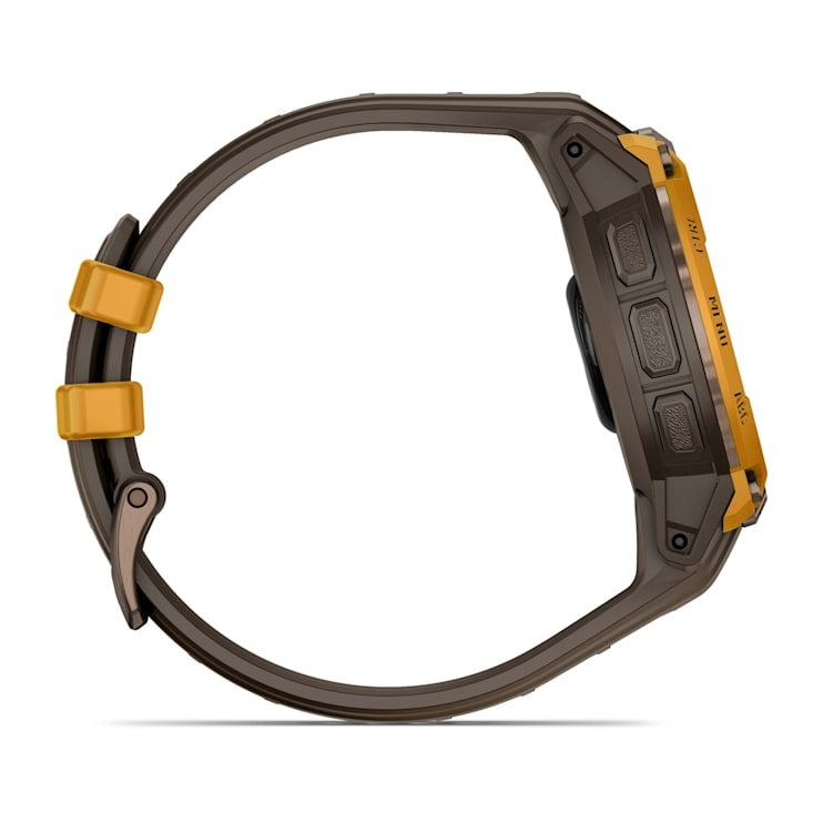 Garmin Instinct Crossover AMOLED watch with brown case and orange accents, side view