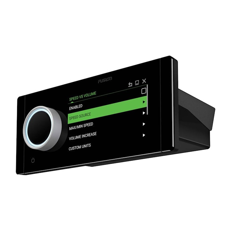 Garmin Fusion Apollo MS-RA800 marine head unit with large rotary knob and touchscreen display.