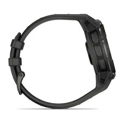 Garmin Instinct Crossover AMOLED smartwatch, black rugged strap and side-profile view.