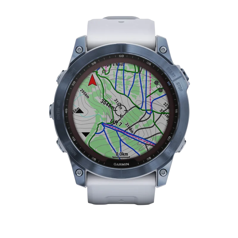Garmin Fenix 7X, Sapphire Solar, Mineral Blue Titanium w/ Whitestone Band (Garmin Certified Refurbished)