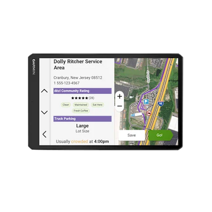 Garmin Dezl OTR820, 8 inch GPS Truck Navigator, (010-02925-00) showing detailed maps and truck parking info.