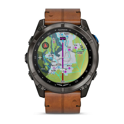 Garmin D2 Mach 2 Pro smart watch with carbon gray DLC titanium case and chestnut leather band