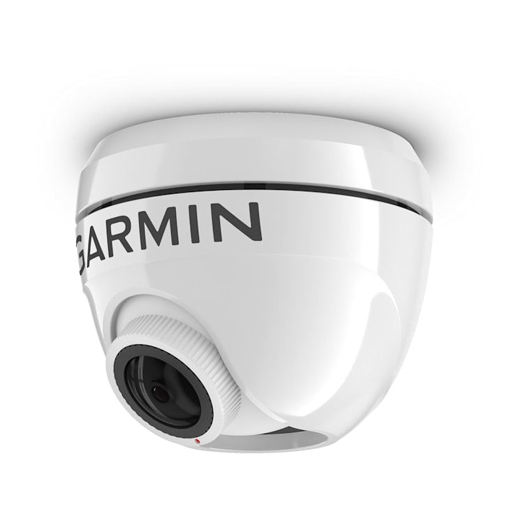 Garmin GC 245 surface-mount marine camera, white dome with Garmin branding.