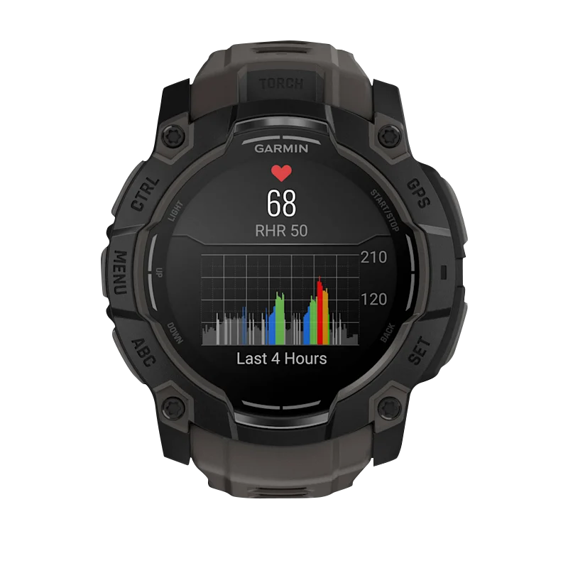 Garmin Instinct 3 AMOLED, (50mm) Black with Charcoal Band (010-03020-00) featuring a heart rate monitor display.