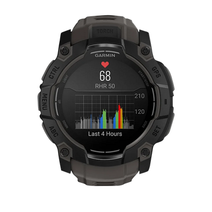 Garmin Instinct 3 AMOLED, (50mm) Black with Charcoal Band (010-03020-00) featuring a heart rate monitor display.
