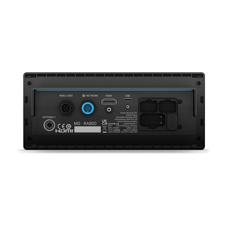 Garmin Fusion Apollo MS-RA800 marine head unit rear panel with HDMI, USB, network, NMEA 2000, blue connector