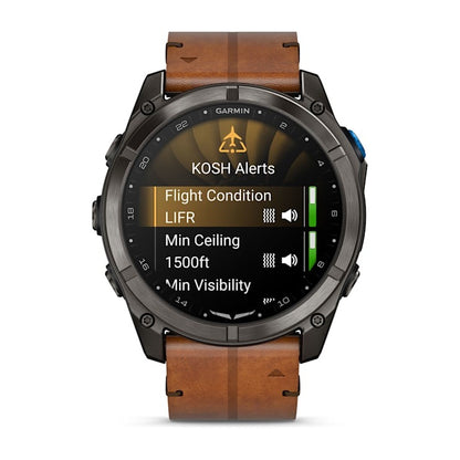 Garmin D2 Mach 2 Pro smart watch with carbon gray DLC titanium case and chestnut leather band