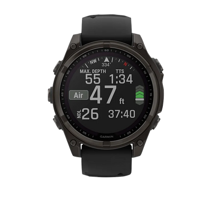 Garmin Fenix 8, 51 mm Solar Sapphire, Carbon Gray DLC Titanium with Black/Pebble Gray Silicone Band (010-02907-10)