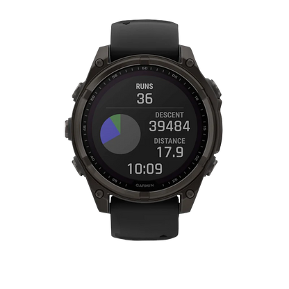 Garmin Fenix 8, 51 mm Solar Sapphire, Carbon Gray DLC Titanium with Black/Pebble Gray Silicone Band (010-02907-10)