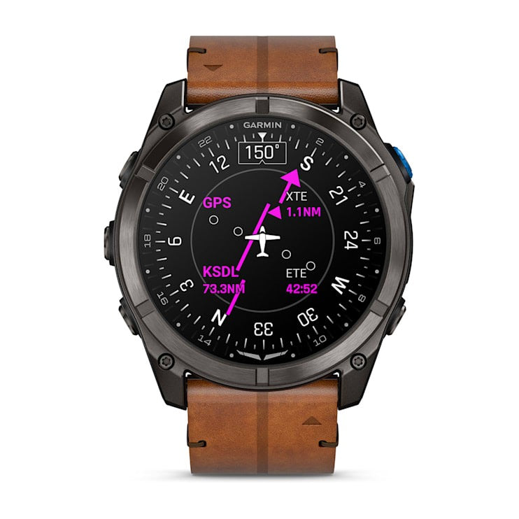 Garmin D2 Mach 2 Pro Carbon Gray DLC Titanium smart watch with chestnut leather band