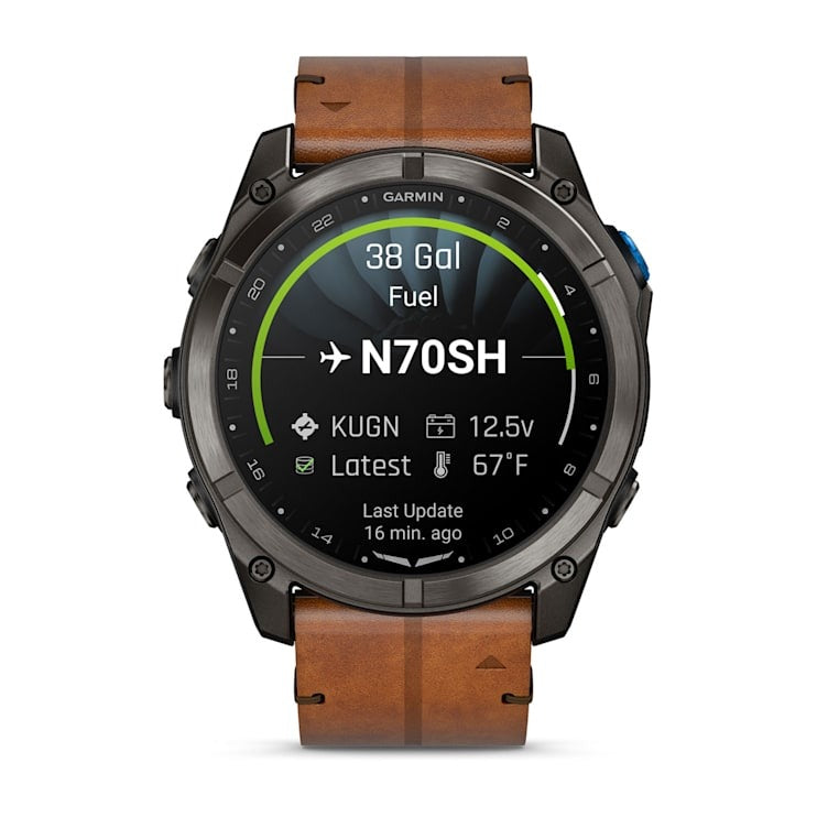 Garmin D2 Mach 2 Pro smart watch, carbon gray DLC titanium case with chestnut leather band.