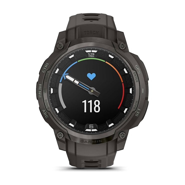Garmin Instinct Crossover AMOLED smartwatch with rugged gray band and heart-rate display