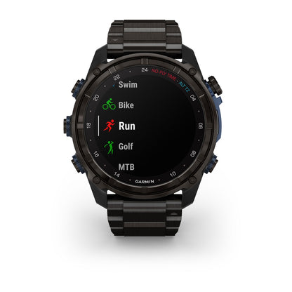 Garmin Descent Mk3i 51mm carbon grey DLC titanium watch with titanium band, displaying multisport modes Run/Bike/Swim
