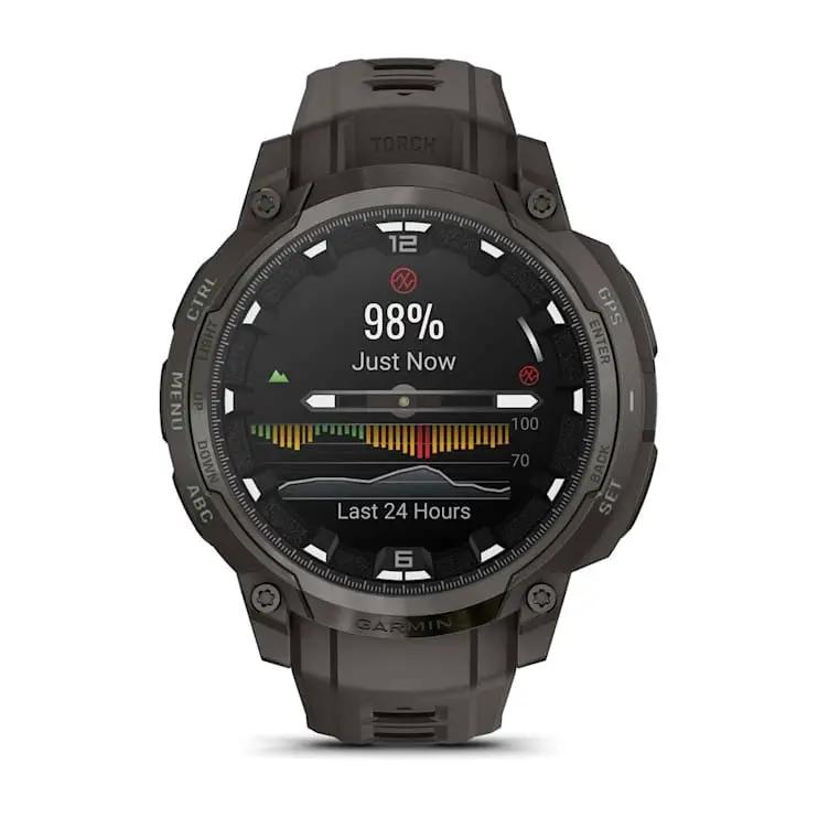 Garmin Instinct Crossover AMOLED smartwatch, black rugged case with dark strap (010-03398-00).