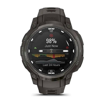 Garmin Instinct Crossover AMOLED smartwatch, black rugged case with dark strap (010-03398-00).