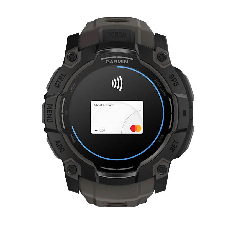 Garmin Instinct 3 AMOLED, (50mm) Black with Charcoal Band (010-03020-00) featuring a sleek design and smart wallet integration.