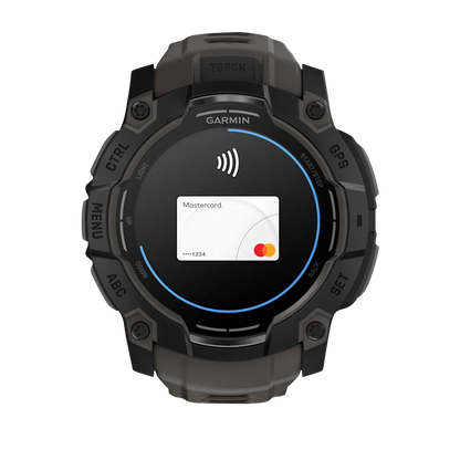 Garmin Instinct 3 AMOLED, (50mm) Black with Charcoal Band (010-03020-00) featuring a sleek design and smart wallet integration.