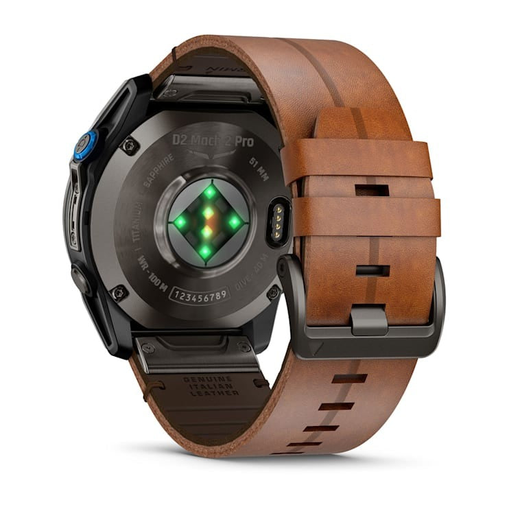 Garmin D2 Mach 2 Pro smartwatch with carbon-gray DLC titanium case and chestnut leather band.