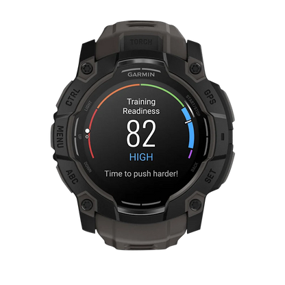 Garmin Instinct 3 AMOLED, (50mm) Black with Charcoal Band (010-03020-00) displaying training readiness features.