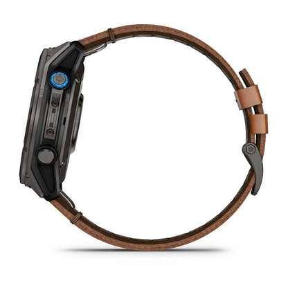 Garmin D2 Mach 2 Pro smart watch with carbon gray DLC titanium case and chestnut leather band